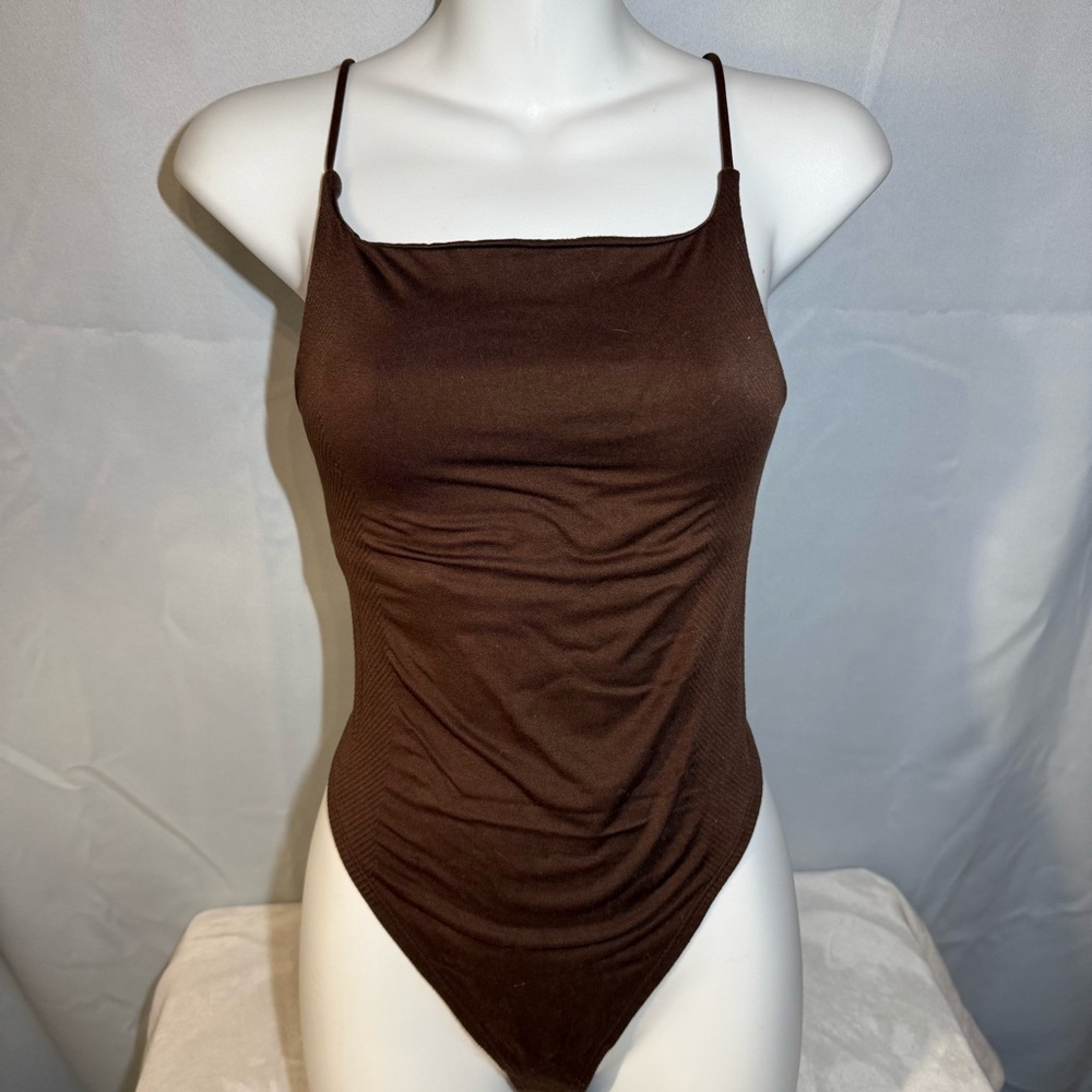 Anthropologie‎ Brown Square Neck Stretch Bodysuit Spaghetti Strap S/M